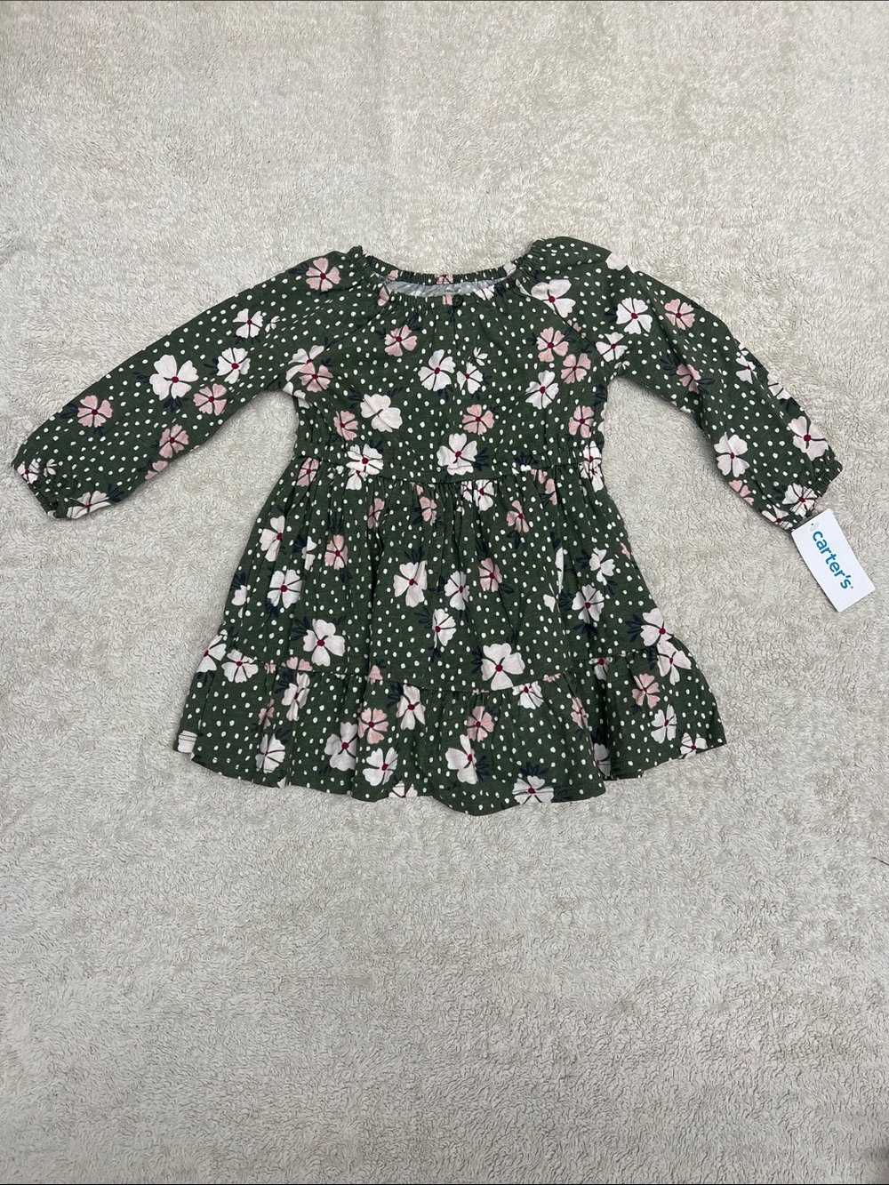 Carter's Olive Green Floral Tiered Long-Sleeve Dress